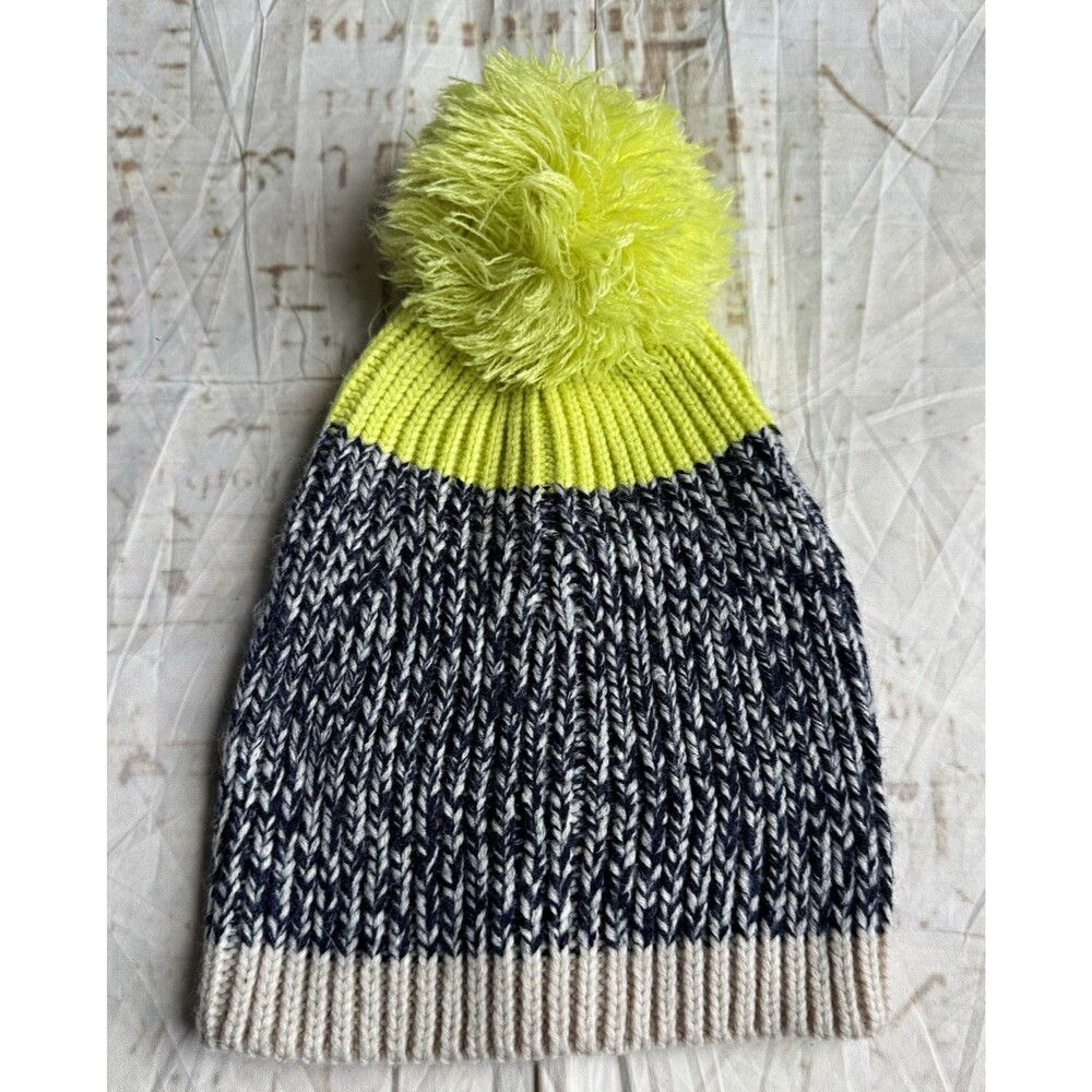 Aerie One Size Unisex Adults Colorblock Beanie Hat w/ Pom-Pom Yellow Blue Ivory